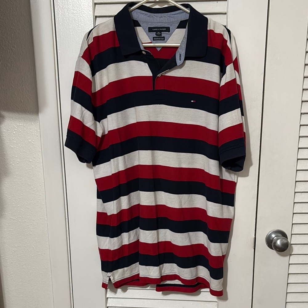 Tommy Hilfiger Red and White Striped Polo Shirt